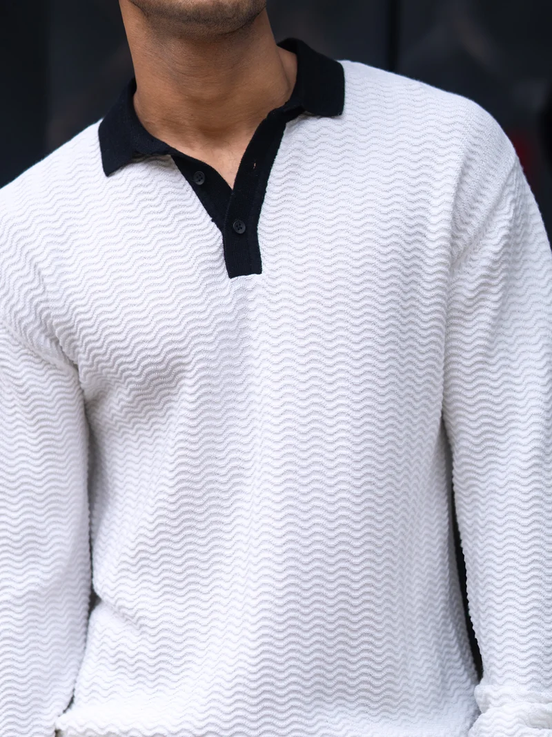 Maniac  Maniac Mens textured wave polo neck full sleeve half zipper white and black cotton t-shirt for Men | Best Price UAE
